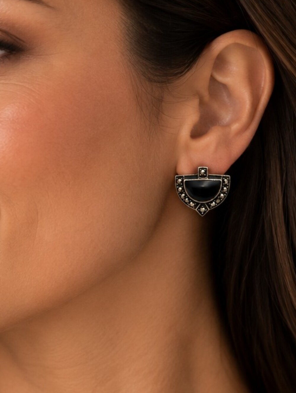 💎 Black Art Deco Stud Earrings Antiqued Gold Tone Geometric Statement